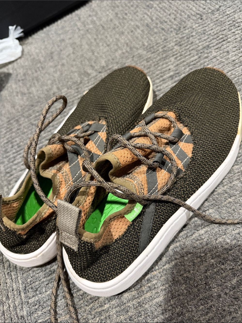 Sanuk Olive Knit Sneakers with Tan Accents and White Sole